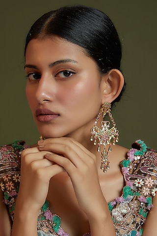 Gold Finish Kundan Polki & Zirconia Dangler Earrings In Sterling Silver by AMETHYST