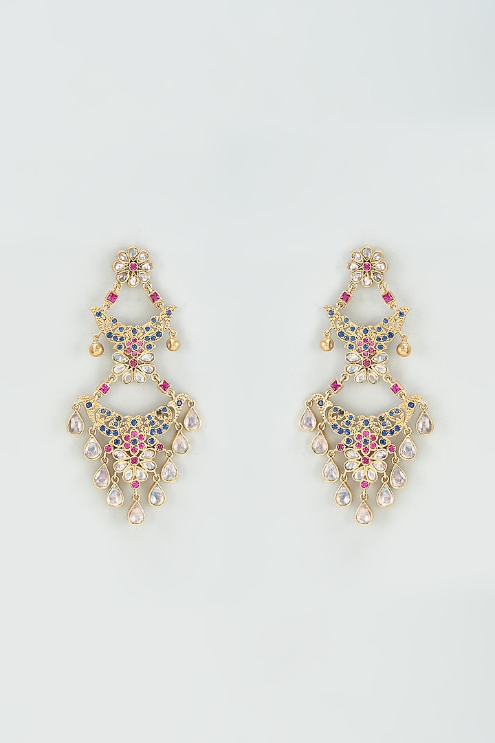 Gold Finish Kundan Polki & Zirconia Dangler Earrings In Sterling Silver by AMETHYST at Pernia's Pop Up Shop
