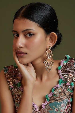 Gold Finish Kundan Polki & Zirconia Dangler Earrings In Sterling Silver by AMETHYST