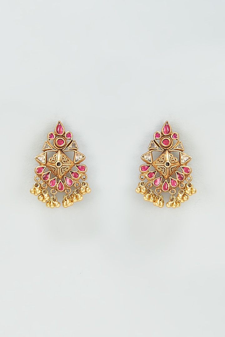 Gold Finish Kundan Polki & Pink Onyx Dangler Earrings In Sterling Silver by AMETHYST at Pernia's Pop Up Shop