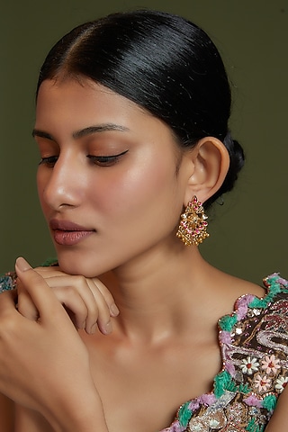 Gold Finish Kundan Polki & Pink Onyx Dangler Earrings In Sterling Silver by AMETHYST