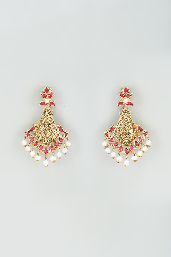 Gold Finish Pink Onyx & Freshwater Pearl Dangler Earrings In Sterling Silver by AMETHYST at Pernia's Pop Up Shop