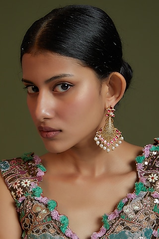 Gold Finish Pink Onyx & Freshwater Pearl Dangler Earrings In Sterling Silver by AMETHYST