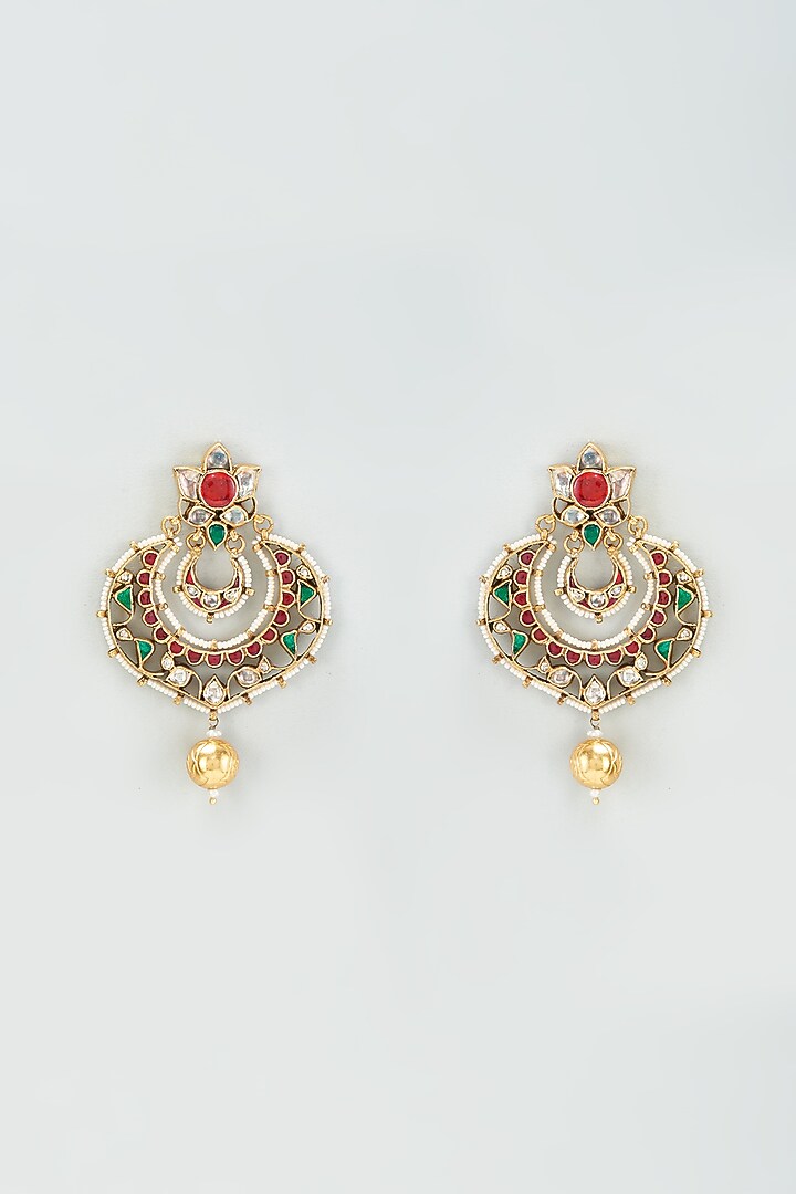 Gold Finish Kundan Polki & Onyx Dangler Earrings In Sterling Silver by AMETHYST at Pernia's Pop Up Shop