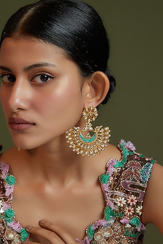 Gold Finish Turquoise Stone & Pearl Dangler Earrings In Sterling Silver by AMETHYST