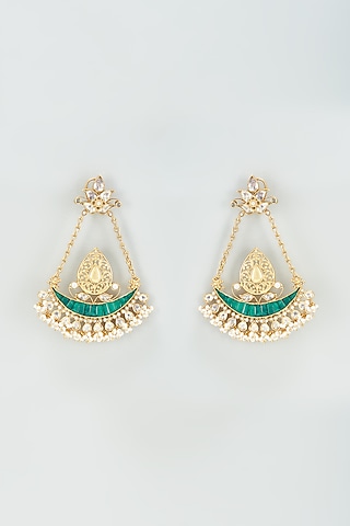 Gold Finish Kundan Polki & Green Onyx Dangler Earrings In Sterling Silver by AMETHYST