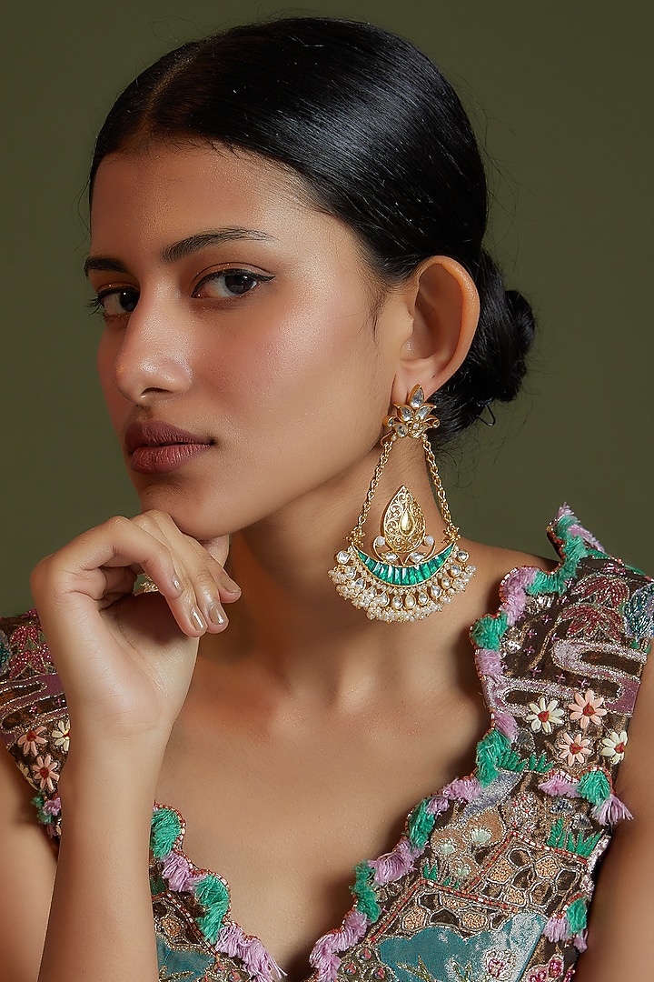 Gold Finish Kundan Polki & Green Onyx Dangler Earrings In Sterling Silver by AMETHYST at Pernia's Pop Up Shop