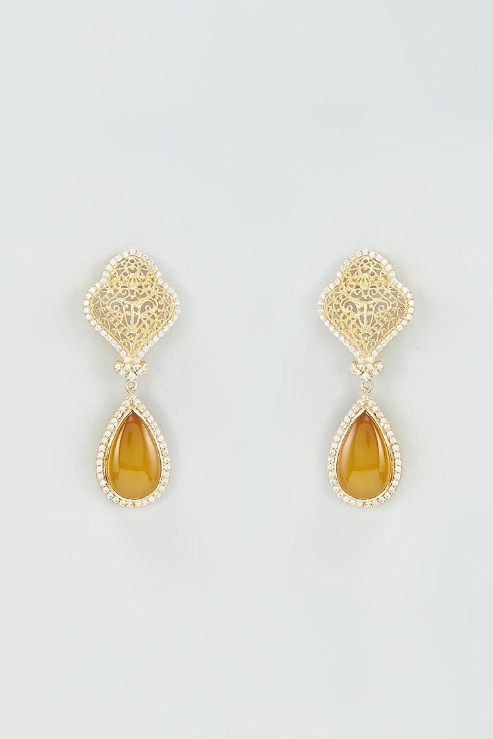 Gold Finish Zirconia & Yellow Chalcedony Dangler Earrings In Sterling Silver by AMETHYST at Pernia's Pop Up Shop