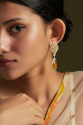Gold Finish Zirconia & Yellow Chalcedony Dangler Earrings In Sterling Silver by AMETHYST