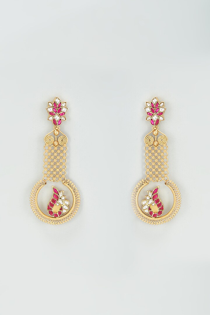 Gold Finish Kundan Polki & Pink Onyx Dangler Earrings In Sterling Silver by AMETHYST at Pernia's Pop Up Shop