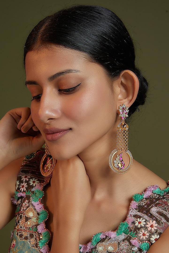 Gold Finish Kundan Polki & Pink Onyx Dangler Earrings In Sterling Silver by AMETHYST
