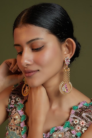 Gold Finish Kundan Polki & Pink Onyx Dangler Earrings In Sterling Silver by AMETHYST