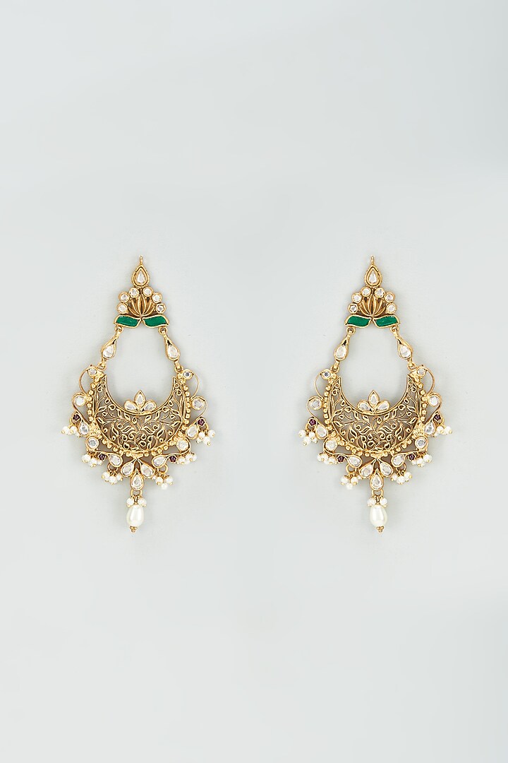Gold Finish Kundan Polki & Onyx Dangler Earrings In Sterling Silver by AMETHYST at Pernia's Pop Up Shop
