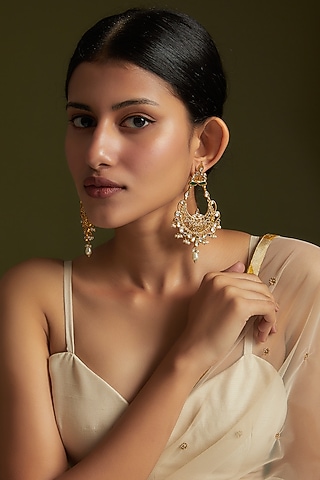 Gold Finish Kundan Polki & Onyx Dangler Earrings In Sterling Silver by AMETHYST