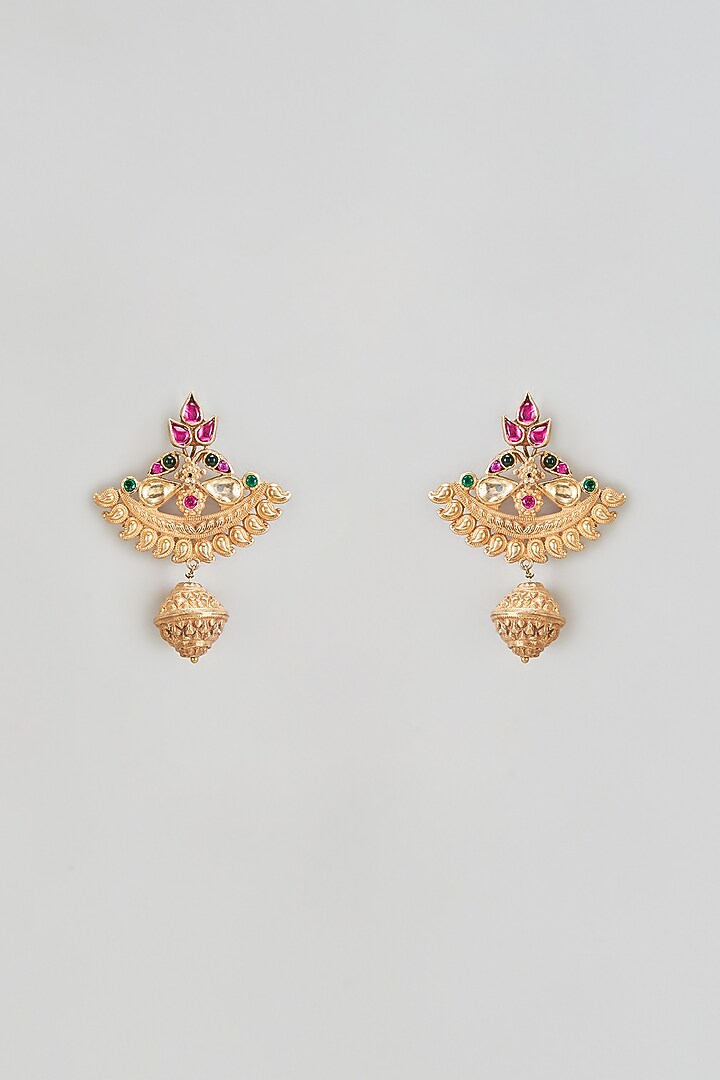 Gold Finish Onyx & Kundan Polki Dangler Earrings In Sterling Silver by AMETHYST at Pernia's Pop Up Shop