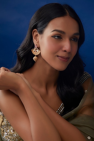 Gold Finish Onyx & Kundan Polki Dangler Earrings In Sterling Silver by AMETHYST