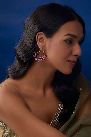 Gold Finish Onyx Chandbali Earrings In Sterling Silver by AMETHYST