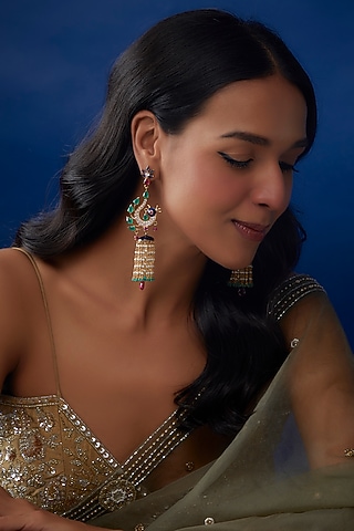 Gold Finish Onyx & Pearl Dangler Earrings In Sterling Silver by AMETHYST