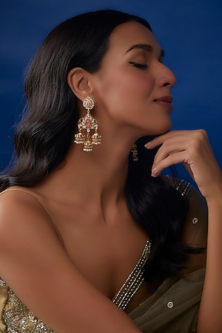 Gold Finish Kundan & Chalcedony Dangler Earrings In Sterling Silver by AMETHYST