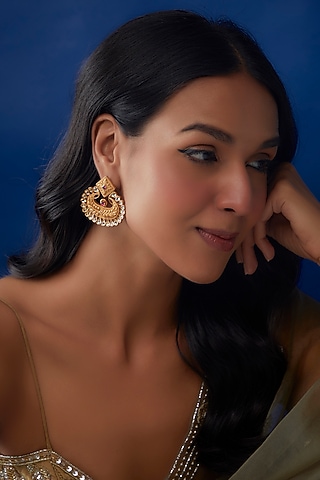 Gold Finish Pink Onyx Chandbali Earrings In Sterling Silver by AMETHYST