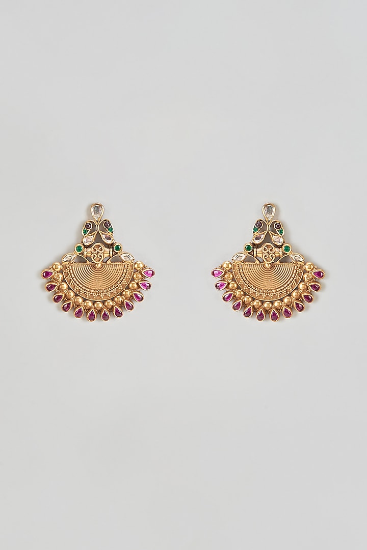 Gold Finish Kundan & Rhodolite Chandbali Earrings In Sterling Silver by AMETHYST at Pernia's Pop Up Shop