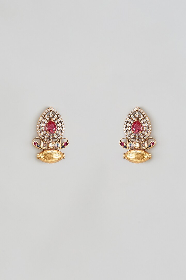 Gold Finish Kundan & Onyx Stud Earrings In Sterling Silver by AMETHYST at Pernia's Pop Up Shop