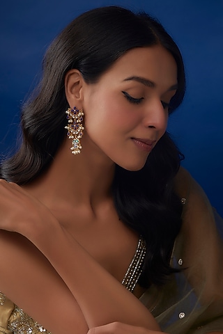 Gold Finish Kundan & Onyx Dangler Earrings In Sterling Silver by AMETHYST