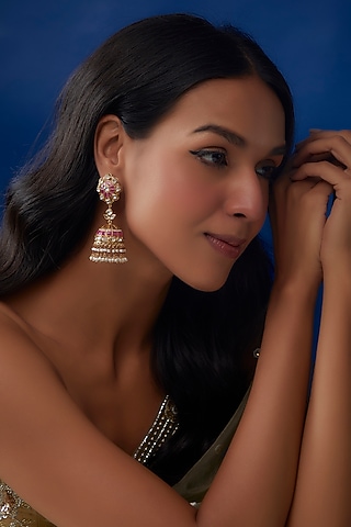 Gold Finish Kundan & Zirconia Dangler Earrings In Sterling Silver by AMETHYST