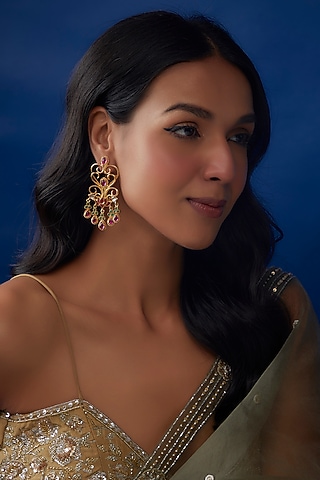 Gold Finish Kundan & Onyx Dangler Earrings In Sterling Silver by AMETHYST