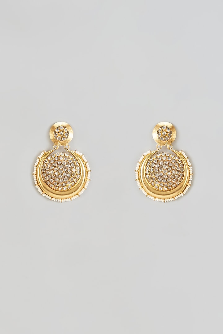Gold Finish Zirconia & Pearl Chandbali Earrings In Sterling Silver by AMETHYST at Pernia's Pop Up Shop