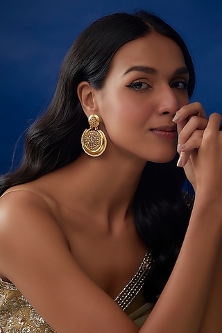 Gold Finish Zirconia & Pearl Chandbali Earrings In Sterling Silver by AMETHYST