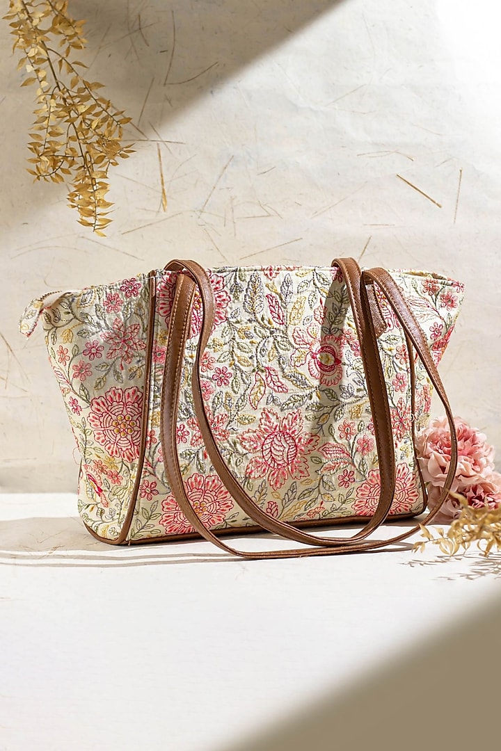 Multi-Colored Premium Cotton Floral Embroidered Tote Bag by AMYRA