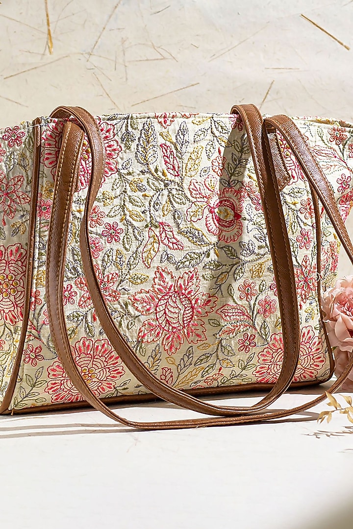 Multi-Colored Premium Cotton Floral Embroidered Tote Bag by AMYRA at Pernia's Pop Up Shop