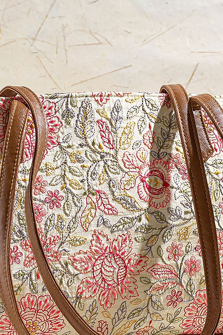 Multi-Colored Premium Cotton Floral Embroidered Tote Bag by AMYRA at Pernia's Pop Up Shop