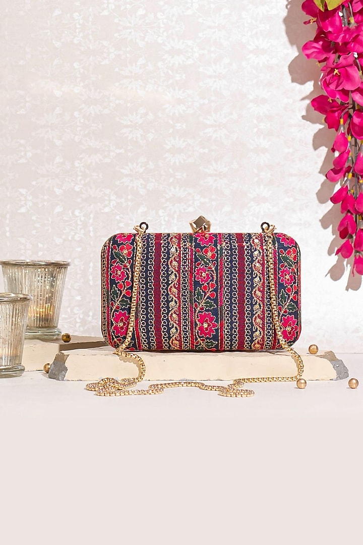 Navy Blue Poly Silk Zari Hand Embroidered Clutch by AMYRA at Pernia's Pop Up Shop