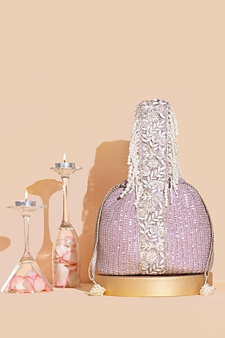 Lilac Georgette & Poly Silk Sequins Embellished Bucket Bag by AMYRA