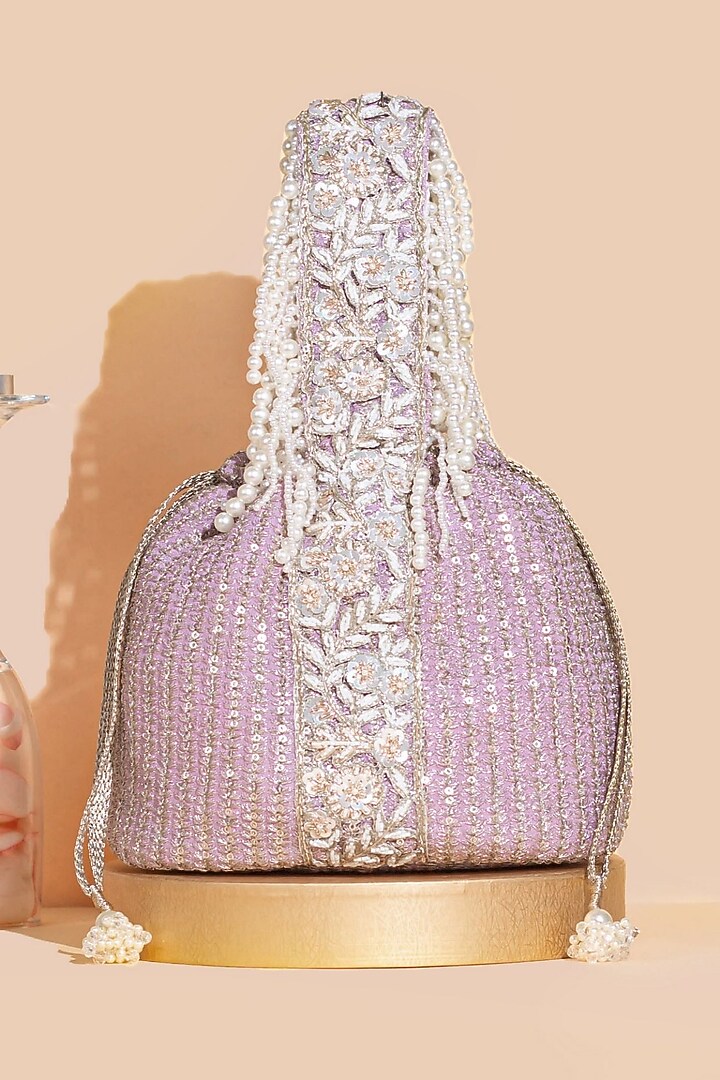 Lilac Georgette & Poly Silk Sequins Embellished Bucket Bag by AMYRA at Pernia's Pop Up Shop