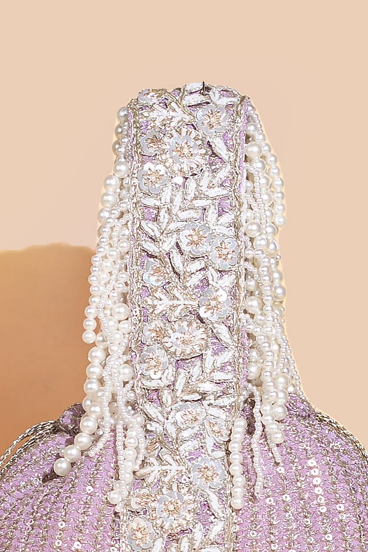 Lilac Georgette & Poly Silk Sequins Embellished Bucket Bag by AMYRA at Pernia's Pop Up Shop