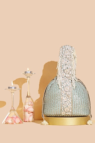 Mint Georgette & Poly Silk Sequins Embellished Bucket Bag by AMYRA
