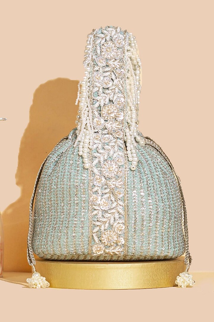 Mint Georgette & Poly Silk Sequins Embellished Bucket Bag by AMYRA at Pernia's Pop Up Shop