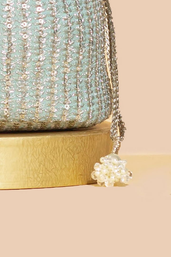 Mint Georgette & Poly Silk Sequins Embellished Bucket Bag by AMYRA at Pernia's Pop Up Shop