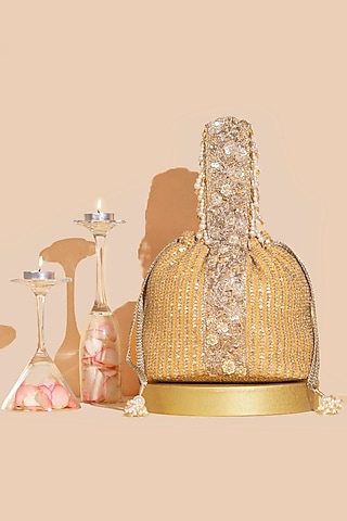 Light Orange Georgette & Poly Silk Sequins Embellished Bucket Bag by AMYRA