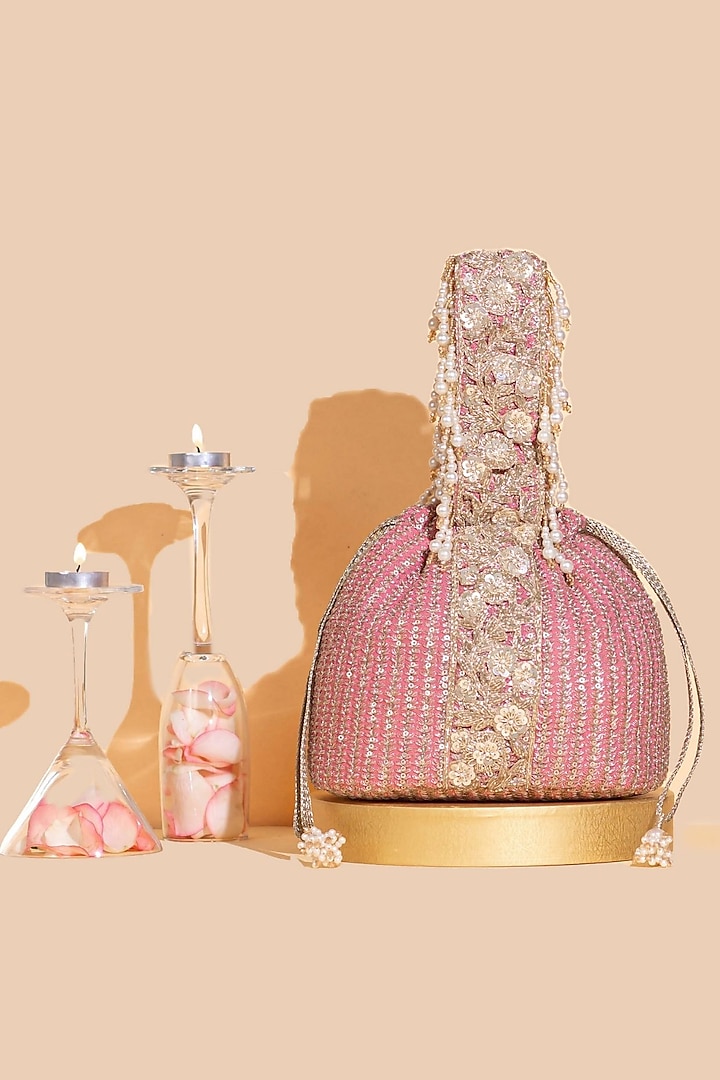 Pink Georgette & Poly Silk Sequins Embellished Bucket Bag by AMYRA