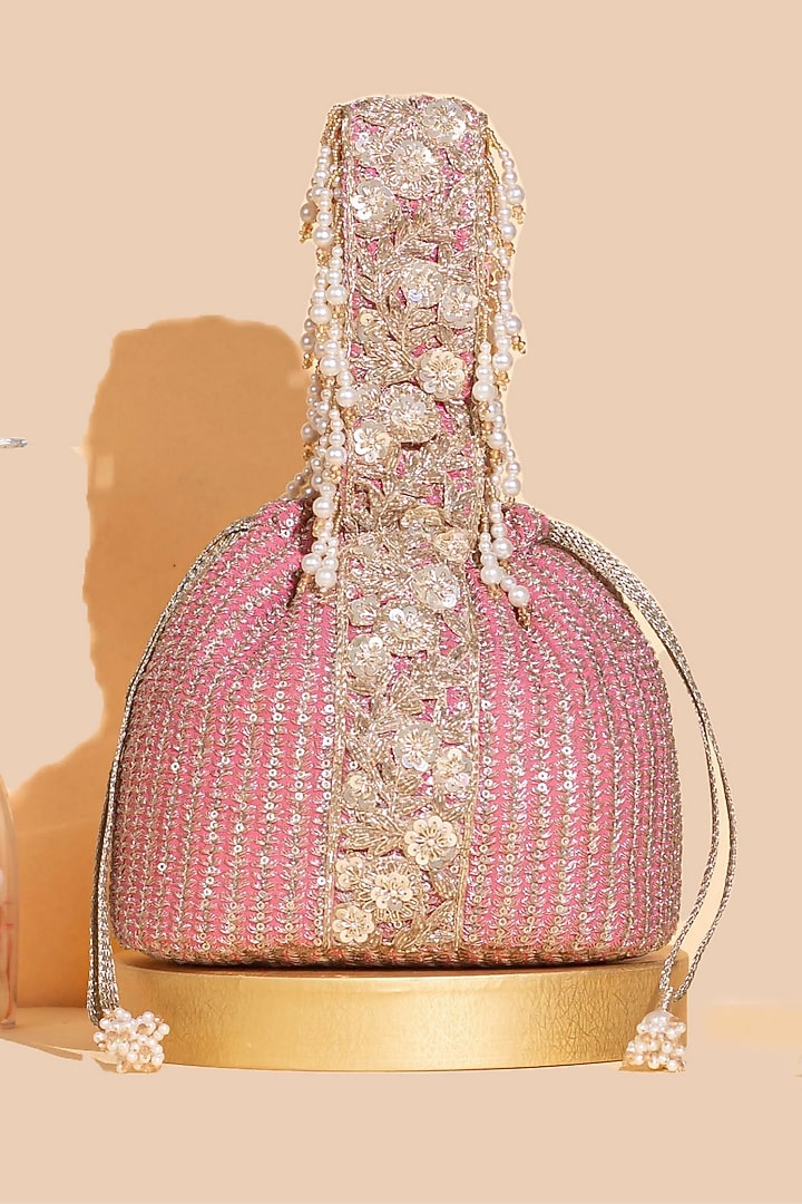 Pink Georgette & Poly Silk Sequins Embellished Bucket Bag by AMYRA at Pernia's Pop Up Shop