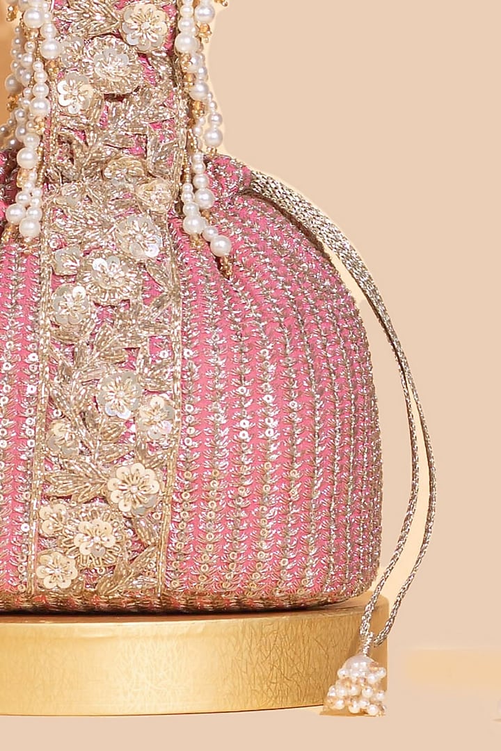 Pink Georgette & Poly Silk Sequins Embellished Bucket Bag by AMYRA at Pernia's Pop Up Shop