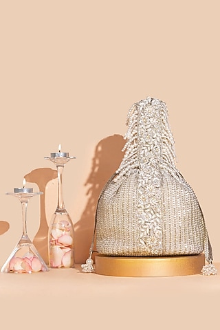 Champagne Georgette & Poly Silk Sequins Embellished Bucket Bag by AMYRA