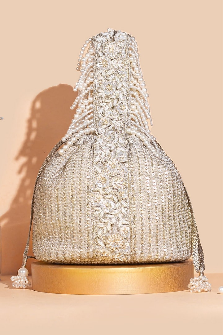 Champagne Georgette & Poly Silk Sequins Embellished Bucket Bag by AMYRA at Pernia's Pop Up Shop