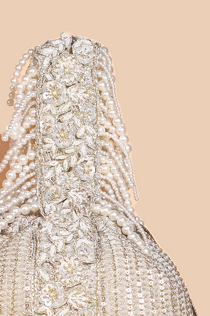 Champagne Georgette & Poly Silk Sequins Embellished Bucket Bag by AMYRA at Pernia's Pop Up Shop