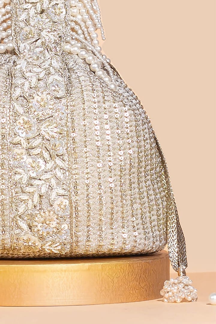 Champagne Georgette & Poly Silk Sequins Embellished Bucket Bag by AMYRA at Pernia's Pop Up Shop