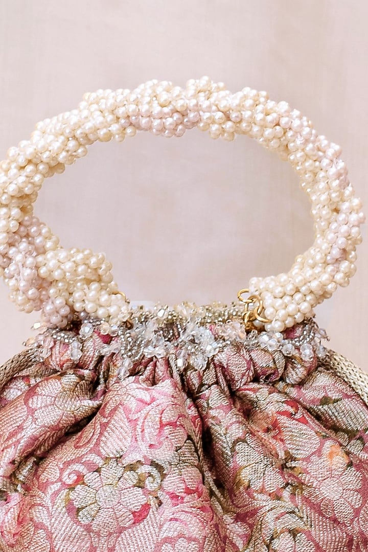 Pink Organza Brocade Floral Printed Potli by AMYRA at Pernia's Pop Up Shop